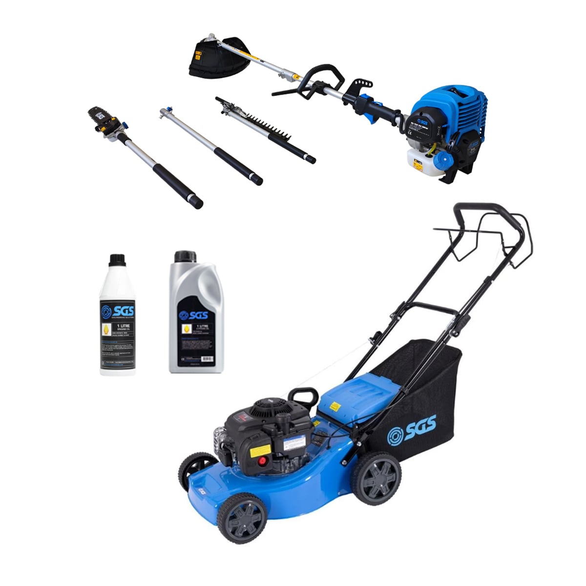 SGS 4 Piece Garden Bundle, 41cm Petrol Lawnmower, 52cc Multi Tool Garden Set, Engine Oil and Stroke Oil
