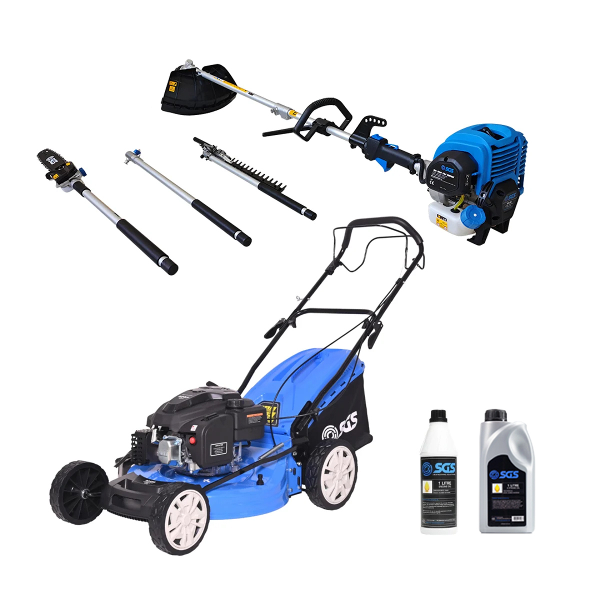 SGS 4 Piece Garden Bundle, 53cm Petrol Lawnmower, 52cc Multi Tool Garden Set, Engine Oil and Stroke Oil