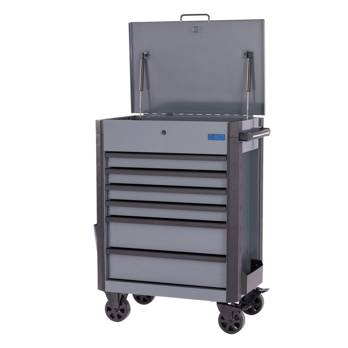 SGS 28in Tool Trolley Cart with Lid | 6 Drawers | Side Trays | Grey