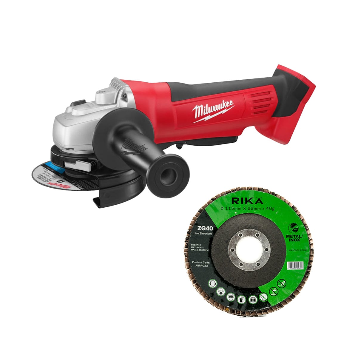 Milwaukee HD18AG115-0 M18 18V 115mm Angle Grinder (Body + Case) with Rikä ABRR023 Flap Disc Pro Zirconium