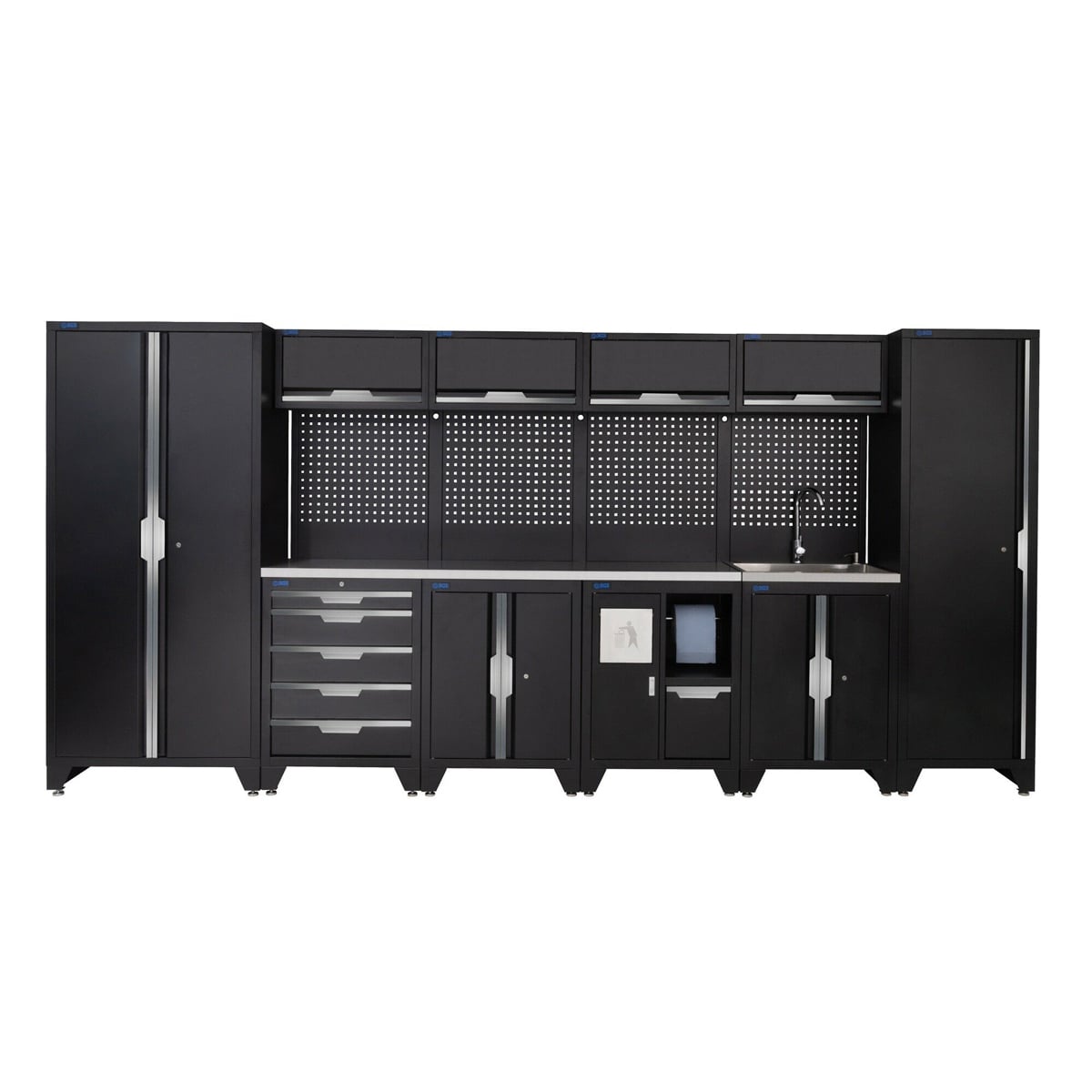 SGS 14pc Garage Storage System | 5 Drawers | Stainless Steel Worktop | Floor Cabinet | Tall Single & Double Cabinets | Bin Unit | Sink Unit
