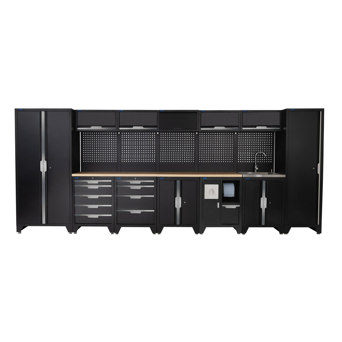 SGS 17pc Garage Storage System | 9 Drawers | Pressed Wood Worktop | Tall Single & Double Cabinets | Bin Unit | Sink Unit | Floor Cabinet | 5x Upper Cabinets