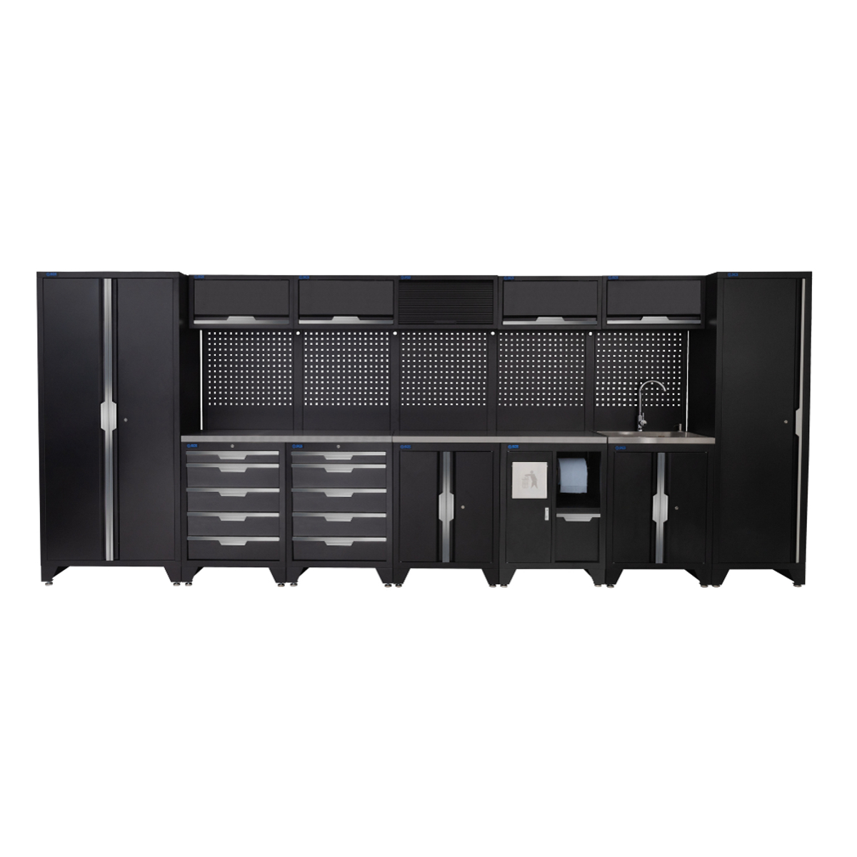 SGS 17pc Garage Storage System | 10 Drawers | Stainless Steel Worktop | Tall Single & Double Cabinets| Bin Unit | Sink Unit | Floor Cabinet | 5x Upper Cabinets