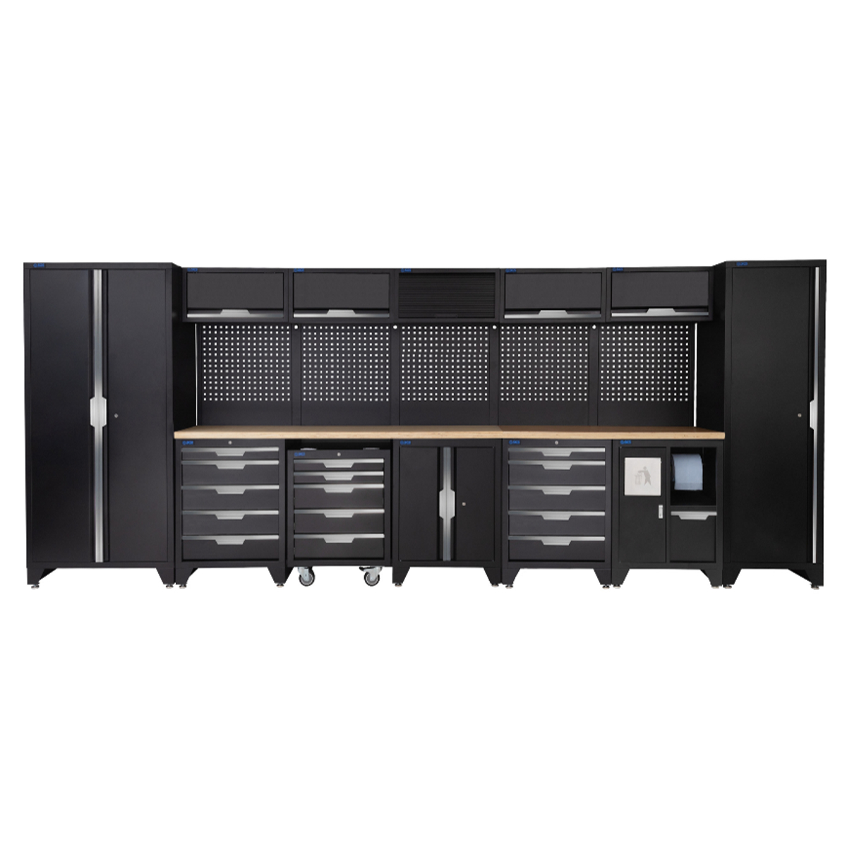 SGS 17pc Garage Storage System | 15 Drawers | Pressed Wood Worktop | Tall Single & Double Cabinets| Bin Unit | Floor Cabinet | 5x Upper Cabinets