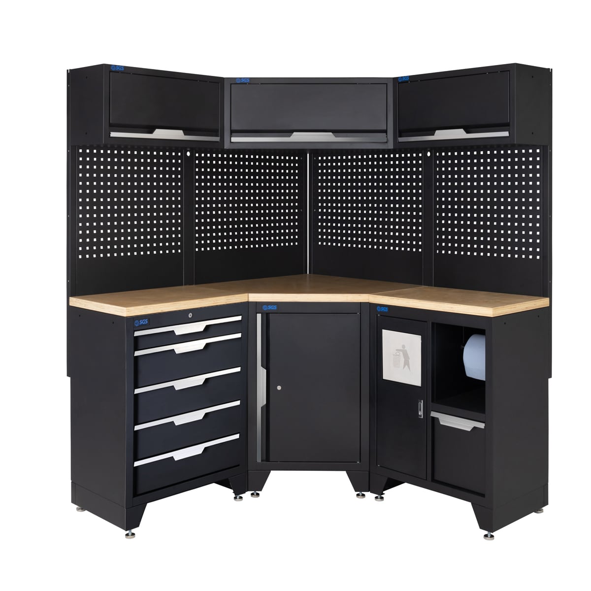 SGS 10pc Corner Garage Storage System | 5 Drawers | Pressed Wood Worktop | Corner Floor Cabinet | Bin Unit | 3x Upper Cabinets