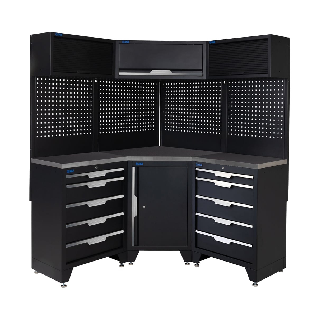 SGS 10pc Corner Garage Storage System | 10 Drawers | Stainless Steel Worktop | Corner Floor Cabinet | 1x Lift-up & 2 Roller Door Wall Cabinets
