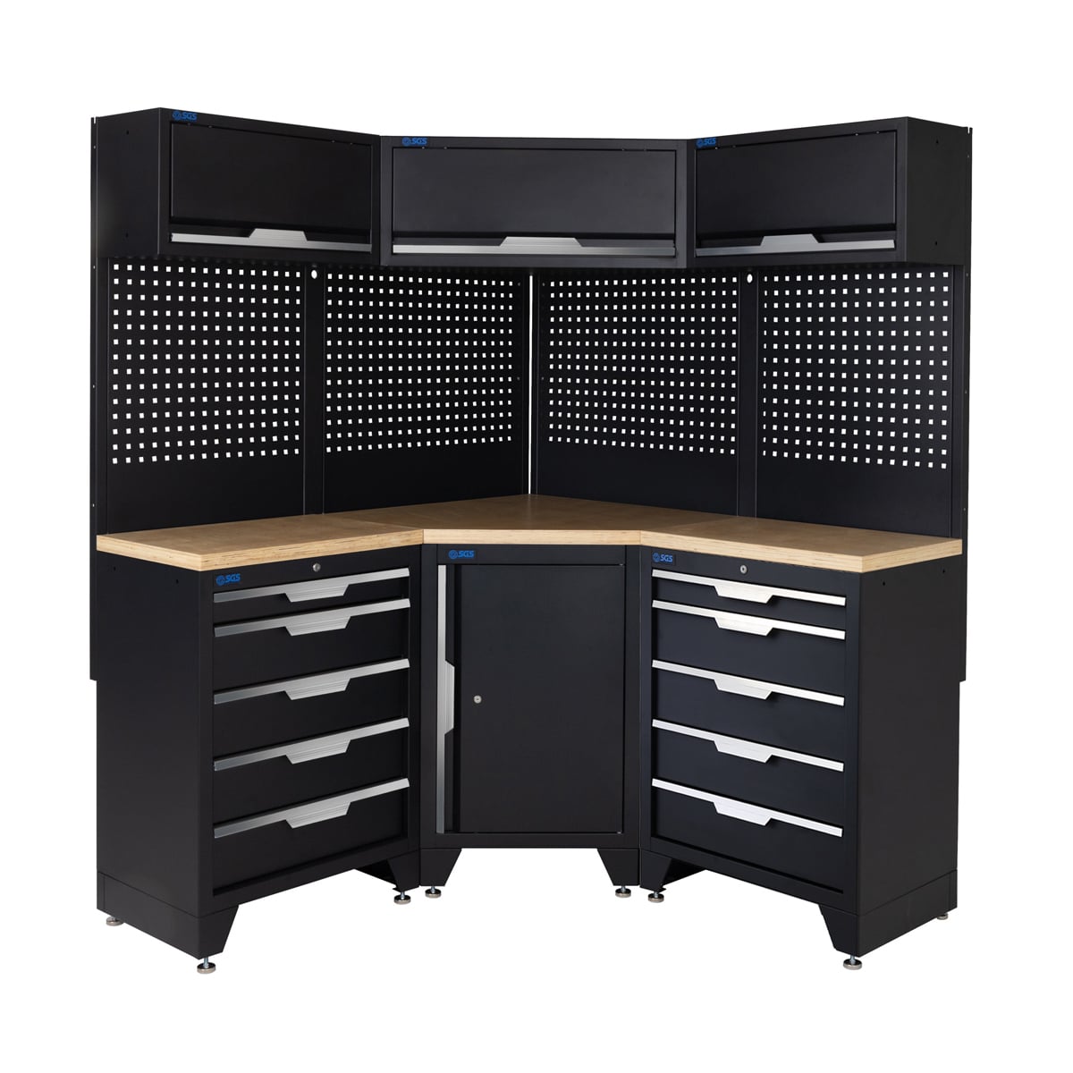 SGS 10pc Corner Garage Storage System | 10 Drawers | Pressed Wood Worktop | Corner Floor Cabinet | 3x Upper Cabinets