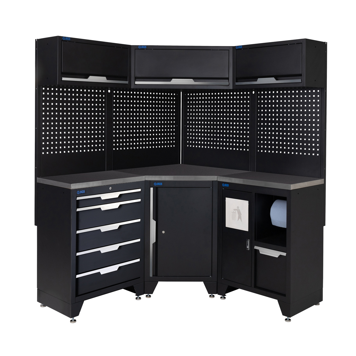 SGS 10pc Corner Garage Storage System | 5 Drawers | Stainless Steel Worktop | Corner Floor Cabinet | Bin Unit | 3x Upper Cabinets