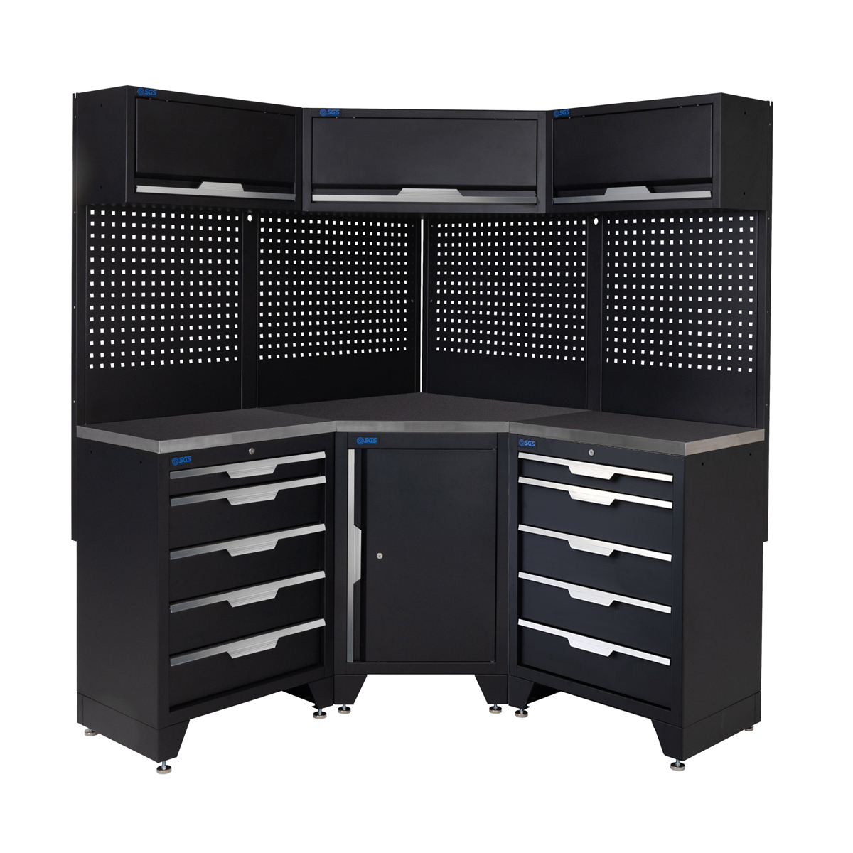 SGS 10pc Corner Garage Storage System | 10 Drawers | Stainless Steel Worktop | Corner Floor Cabinet | 3x Upper Cabinets