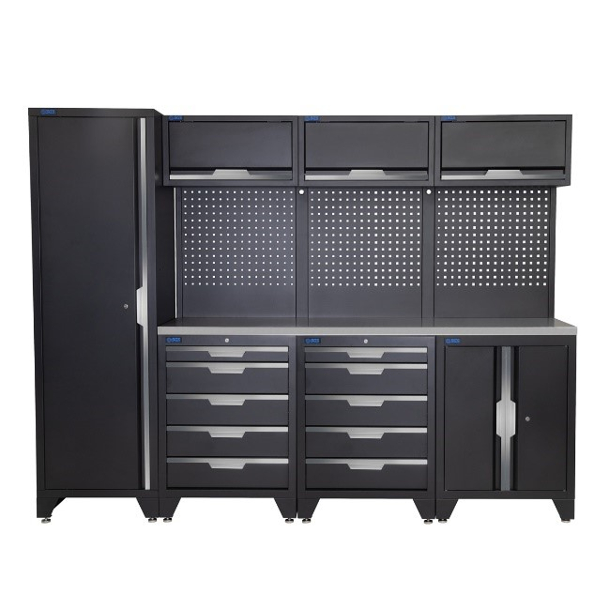 SGS 10pc Garage Storage System | 10 Drawers | Stainless Steel Worktop | Floor Cabinet | Tall Single Cabinet | 3x Upper Cabinets