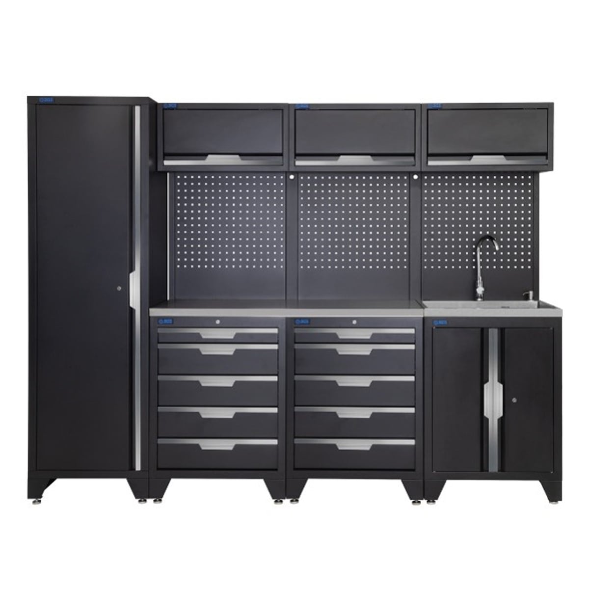 SGS 10pc Garage Storage System | 10 Drawers | Stainless Steel Worktop | Tall Single Cabinet | Sink Unit | 3x Upper Cabinets