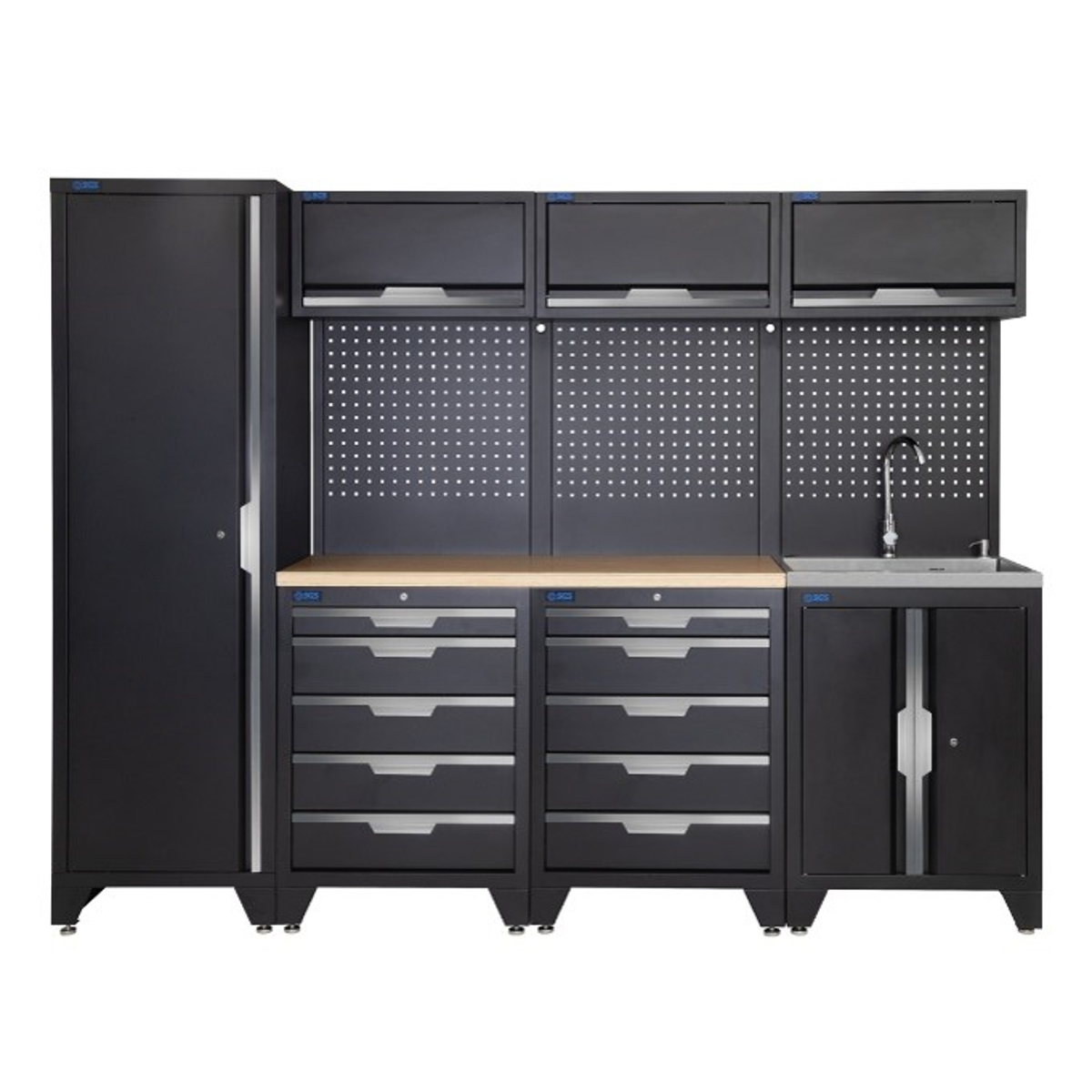 SGS 10pc Garage Storage System | 10 Drawers | Pressed Wood Worktop | Tall Single Cabinet | Sink Unit | 3x Upper Cabinets