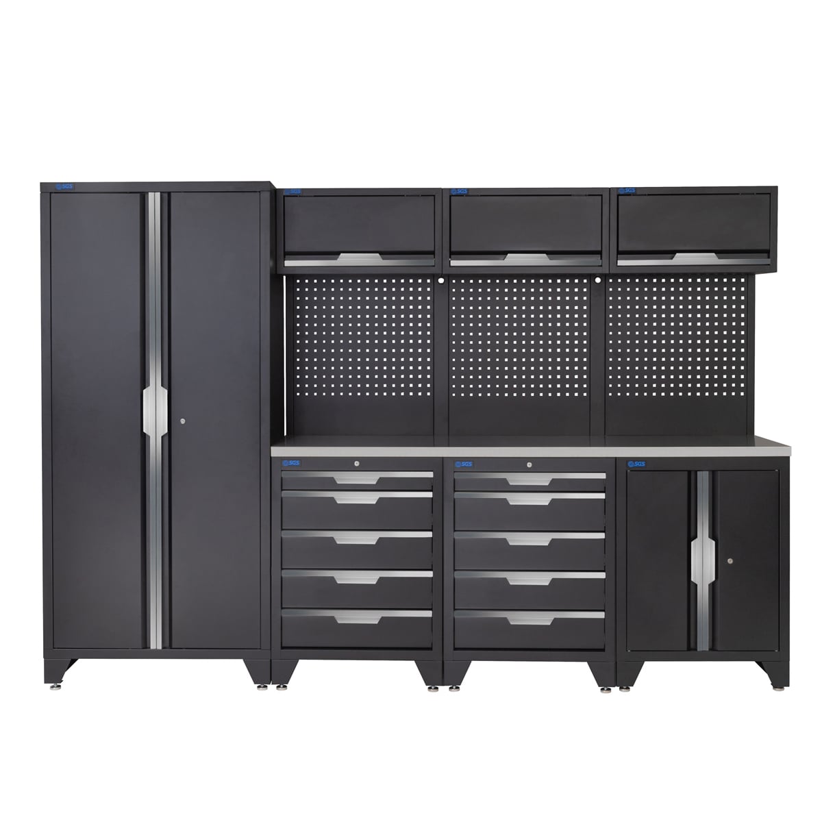 SGS 10pc Garage Storage System | 10 Drawers | Stainless Steel Worktop | Floor Cabinet | Tall Double Cabinet| 3x Upper Cabinets