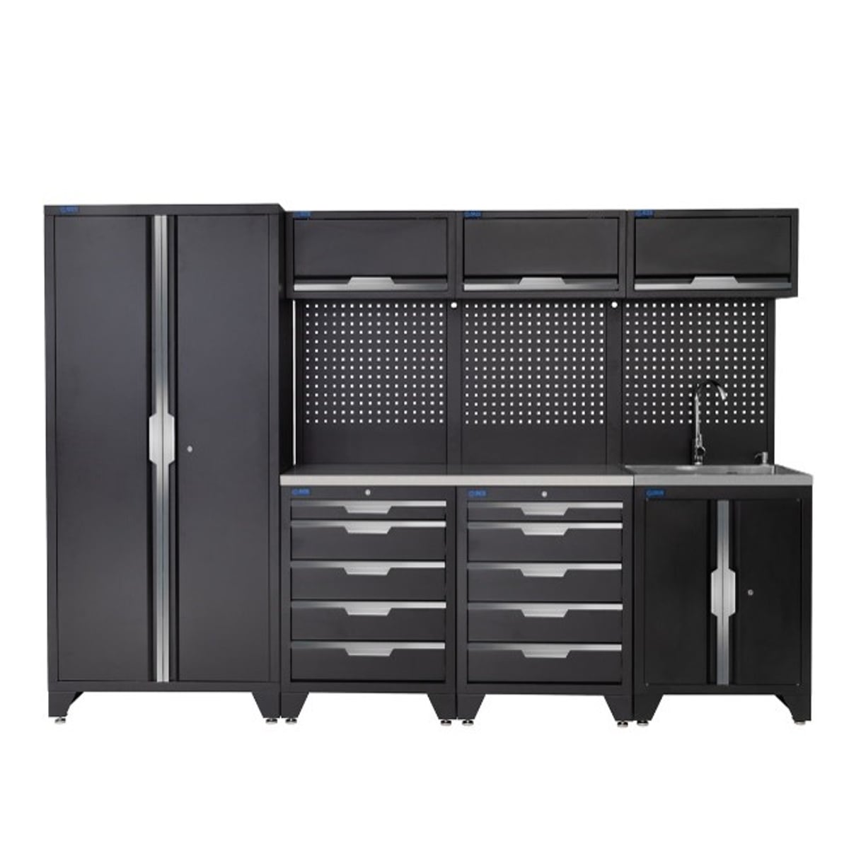 SGS 10pc Garage Storage System | 10 Drawers | Stainless Steel Worktop | Tall Double Cabinet | Sink Unit | 3x Upper Cabinets