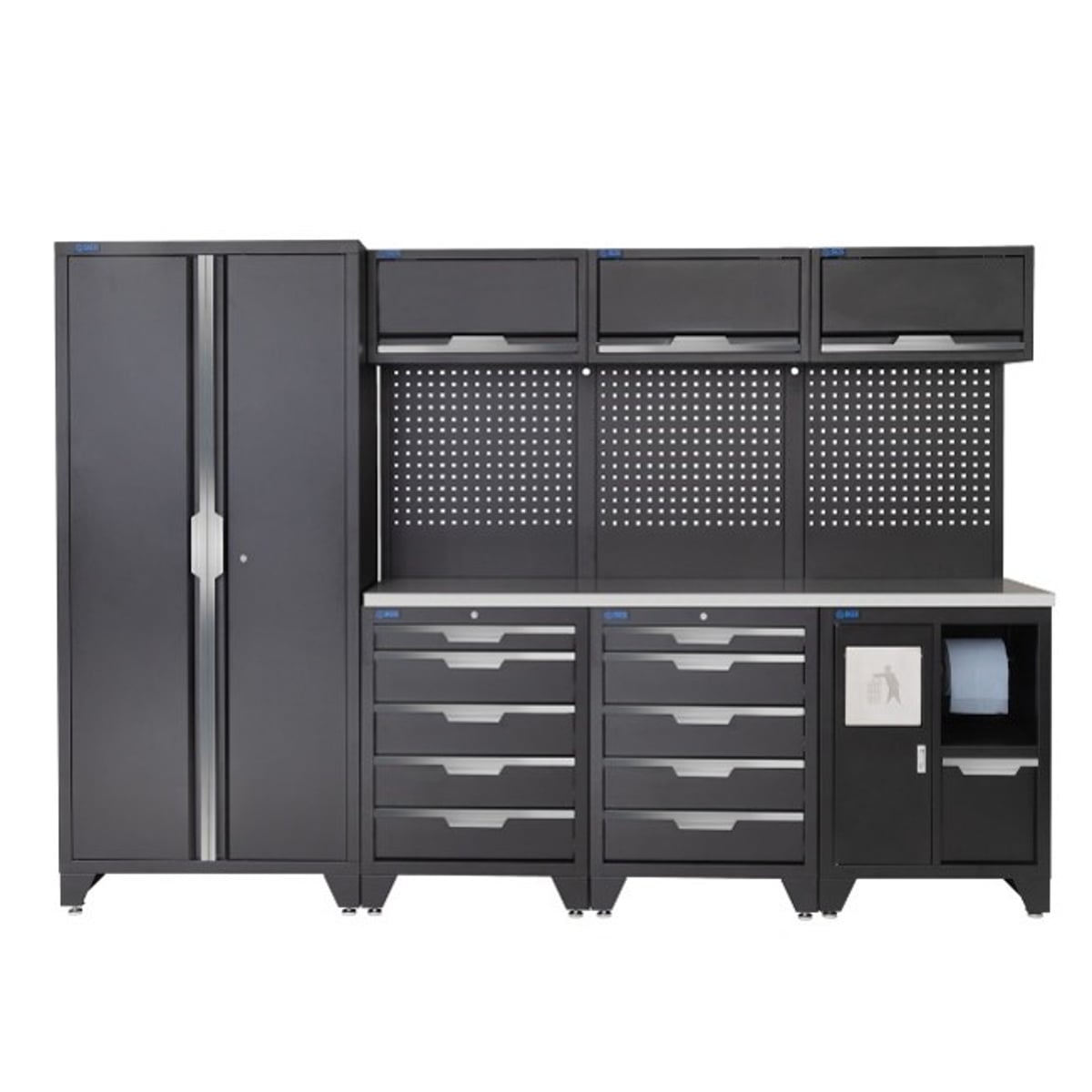 SGS 10pc Garage Storage System | 10 Drawers | Stainless Steel Worktop | Tall Double Cabinet | Bin Unit | 3x Upper Cabinets