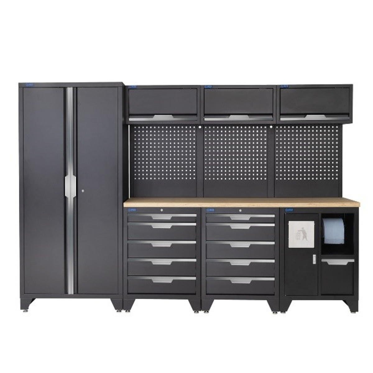 SGS 10pc Garage Storage System | 10 Drawers | Pressed Wood Worktop | Tall Double Cabinet | Bin Unit | 3x Upper Cabinets