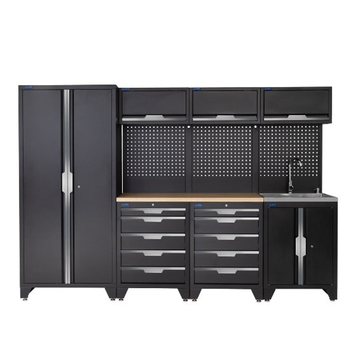 SGS 10pc Garage Storage System | 10 Drawers | Pressed Wood Worktop | Tall Double Cabinet | Sink Unit | 3x Upper Cabinets