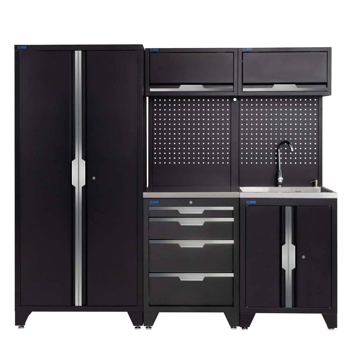 SGS 7pc Garage Storage System | 4 Drawers | Stainless Steel Worktop | Sink Unit | 2x Upper Cabinets | Tall Double Cabinet