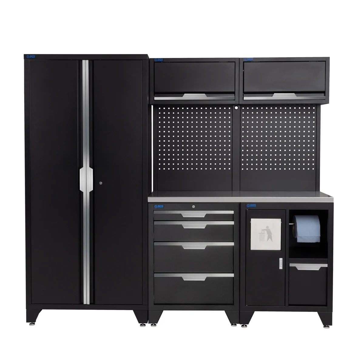 SGS 7pc Garage Storage System | 4 Drawers | Stainless Steel Worktop | Bin Unit | 2x Upper Cabinets | Tall Double Cabinet