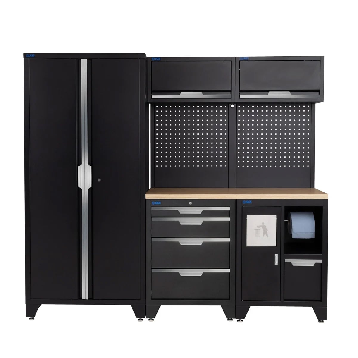 SGS 7pc Garage Storage System | 4 Drawers | Pressed Wood Worktop | Bin Unit | 2x Upper Cabinets | Tall Double Cabinet