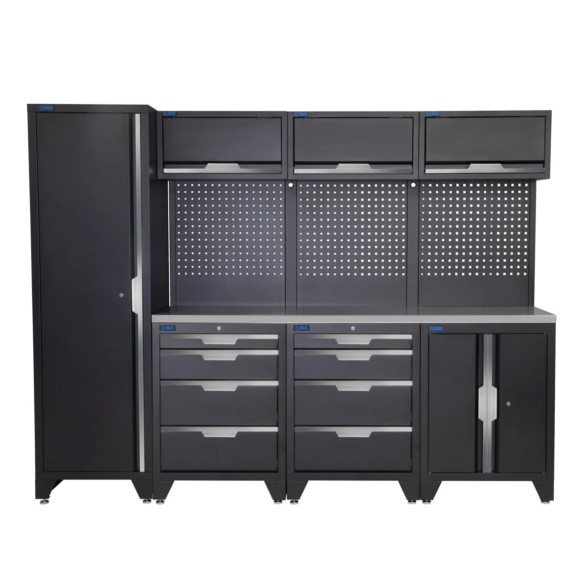 SGS 10pc Garage Storage System | 8 Drawers | Stainless Steel Worktop | Tall Single Cabinet | Floor Cabinet | 3x Upper Cabinets