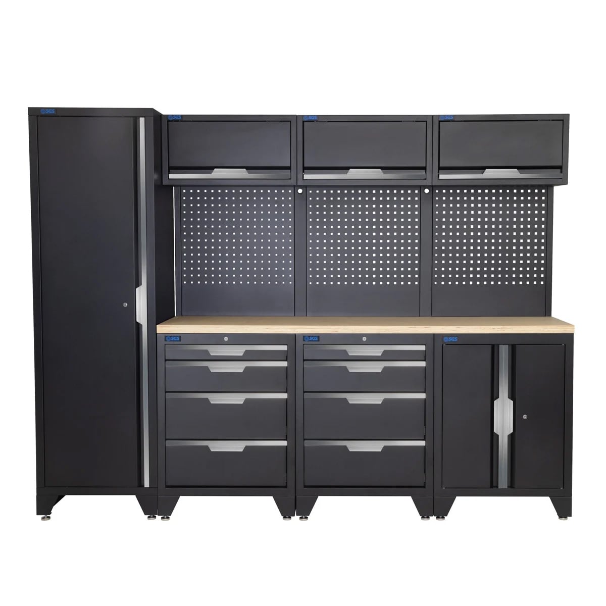 SGS 10pc Garage Storage System | 8 Drawers | Pressed Wood Worktop | Tall Single Cabinet | Floor Cabinet | 3x Upper Cabinets