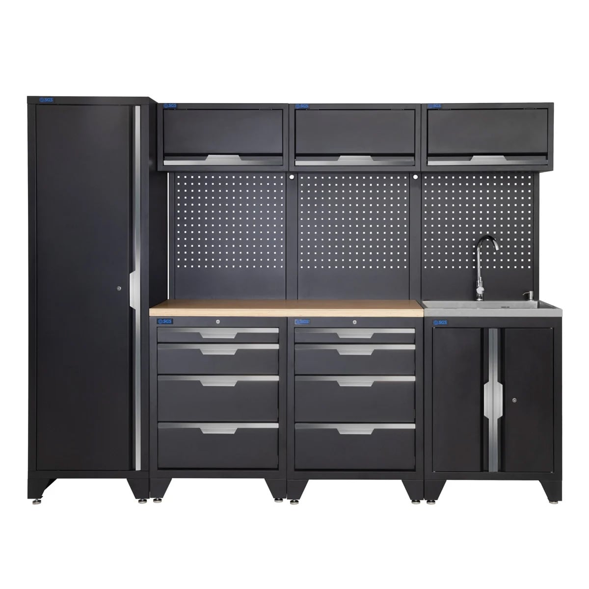SGS 10pc Garage Storage System | 8 Drawers | Pressed Wood Worktop | Tall Single Cabinet | Sink Unit | 3x Upper Cabinets