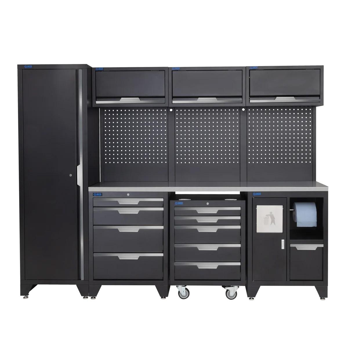 SGS 10pc Garage Storage System | 9 Drawers | Stainless Steel Worktop | Tall Single Cabinet | Bin Unit | Mobile Cabinet | 3x Upper Cabinets