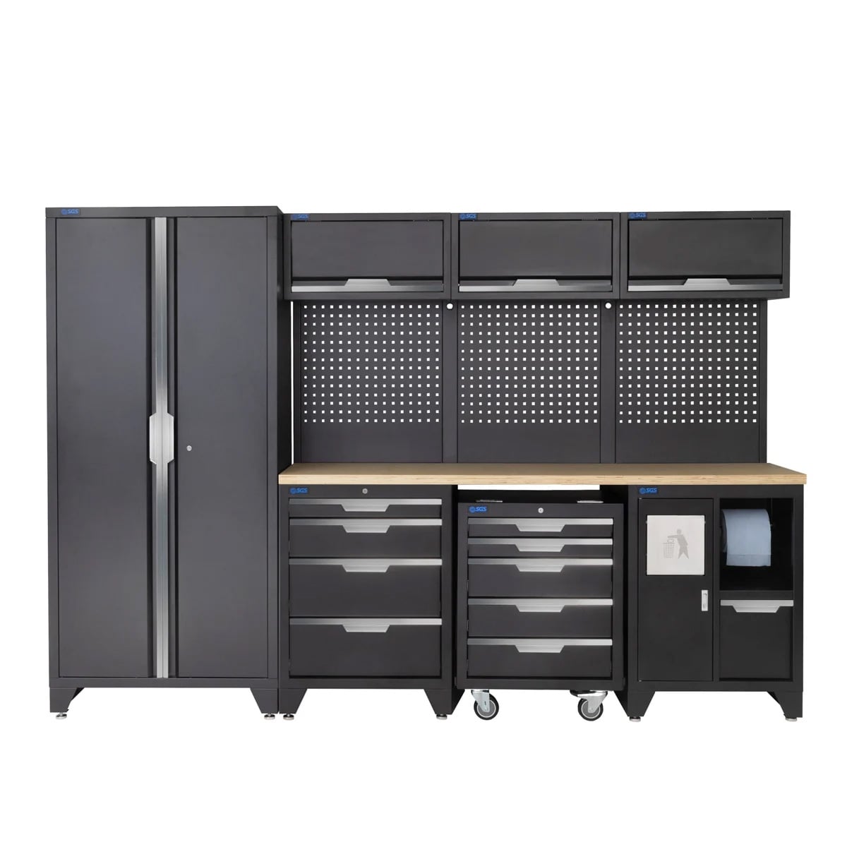 SGS 10pc Garage Storage System | 9 Drawers | Pressed Wood Worktop | Tall Double Cabinet | Bin Unit | Mobile Cabinet | 3x Upper Cabinets