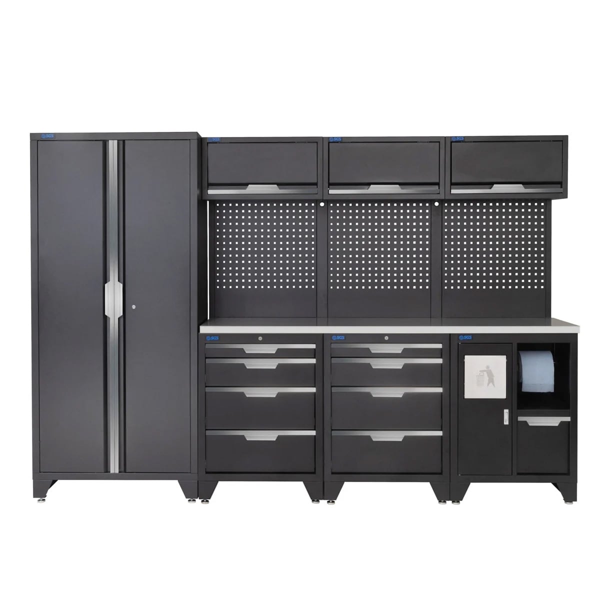 SGS 10pc Garage Storage System | 8 Drawers | Stainless Steel Worktop | Tall Double Cabinet | Bin Unit | 3x Upper Cabinets