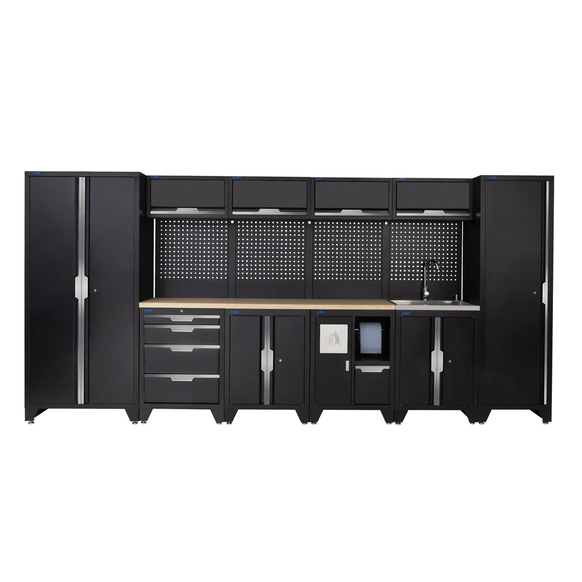 SGS 14pc Garage Storage System | 4 Drawers | Pressed Wood Worktop | Floor Cabinet | Tall Single & Double Cabinets | Bin Unit | Sink Unit
