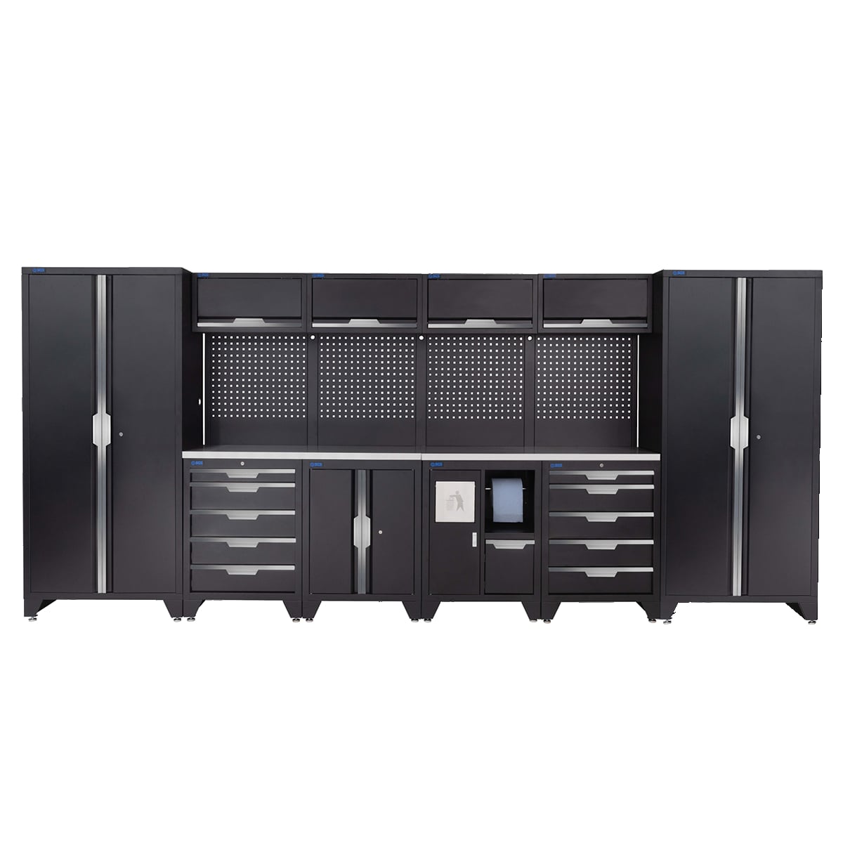 SGS 14pc Garage Storage System | 10 Drawers | Stainless Steel Worktop | Floor Cabinet | Tall Single & Double Cabinets | Bin Unit