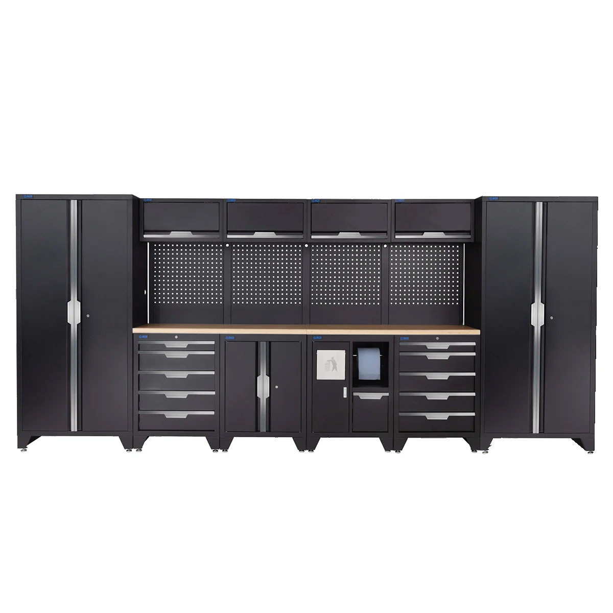 SGS 14pc Garage Storage System | 10 Drawers | Pressed Wood Worktop | Floor Cabinet | Tall Single & Double Cabinets | Bin Unit