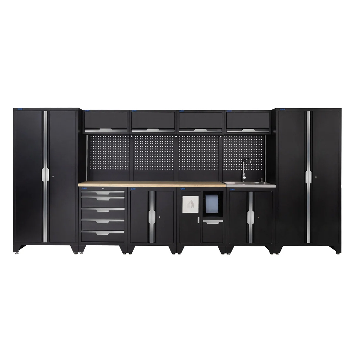 SGS 14pc Garage Storage System With Tall Single And Double Cabinets Bin And Sink Unit With Wooden Worktop