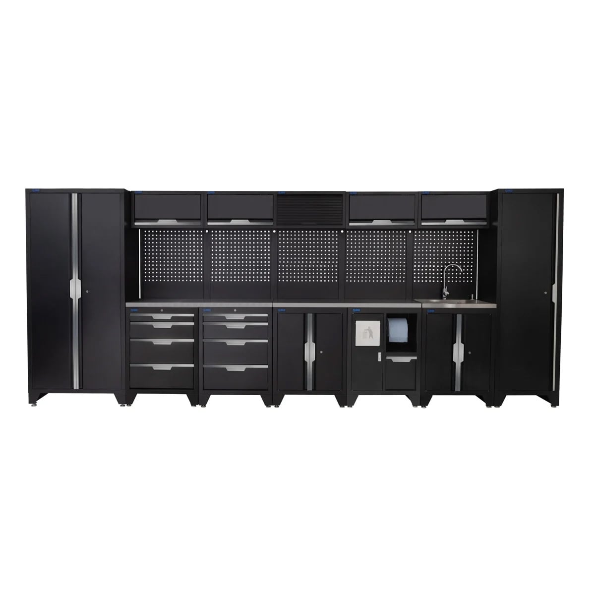 SGS 17pc Garage Storage System | 8 Drawers | Stainless Steel Worktop | Tall Single & Double Cabinets | Bin Unit | Floor Cabinet | Sink Unit | 5x Upper Cabinets