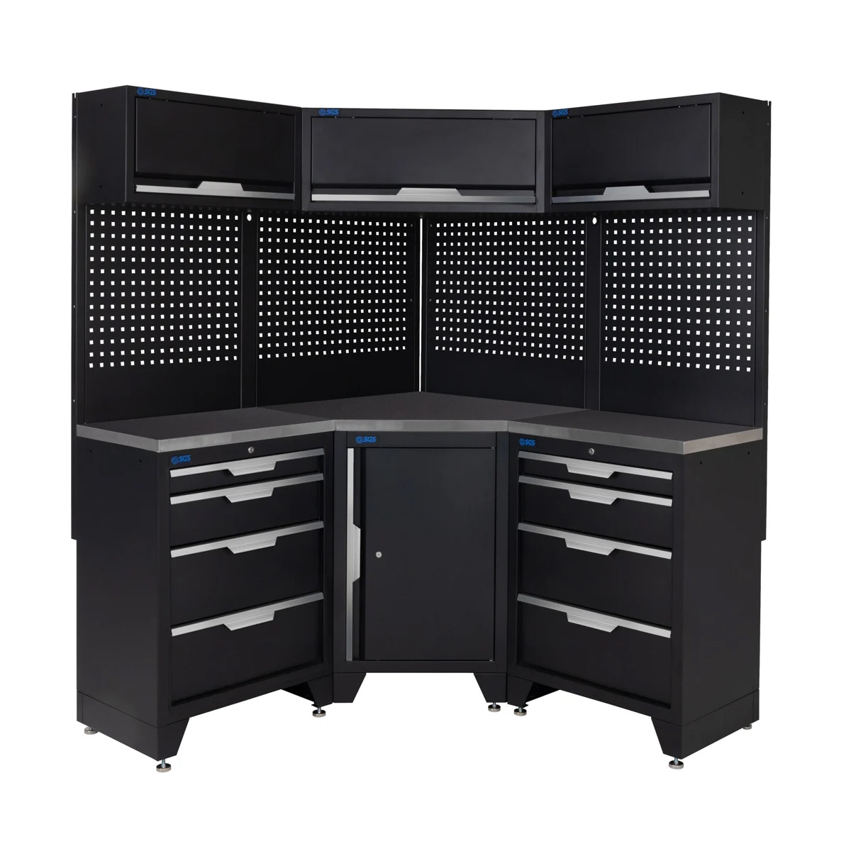 SGS 10pc Corner Garage Storage System | 8 Drawers | Stainless Steel Worktop | Corner Floor Cabinet | 3x Upper Cabinets