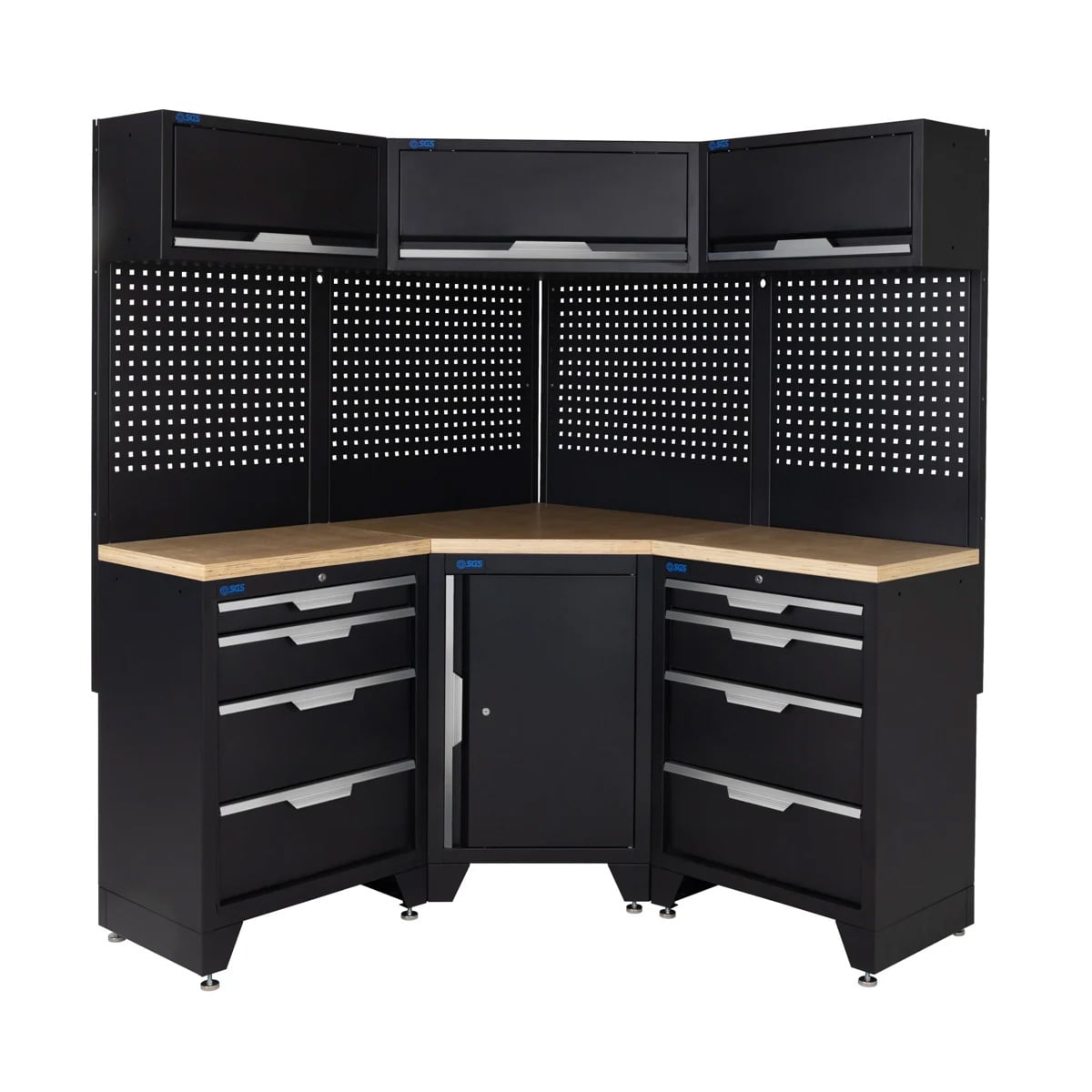 SGS 10pc Corner Garage Storage System | 8 Drawers | Pressed Wood Worktop | Corner Floor Cabinet | 3x Upper Cabinets