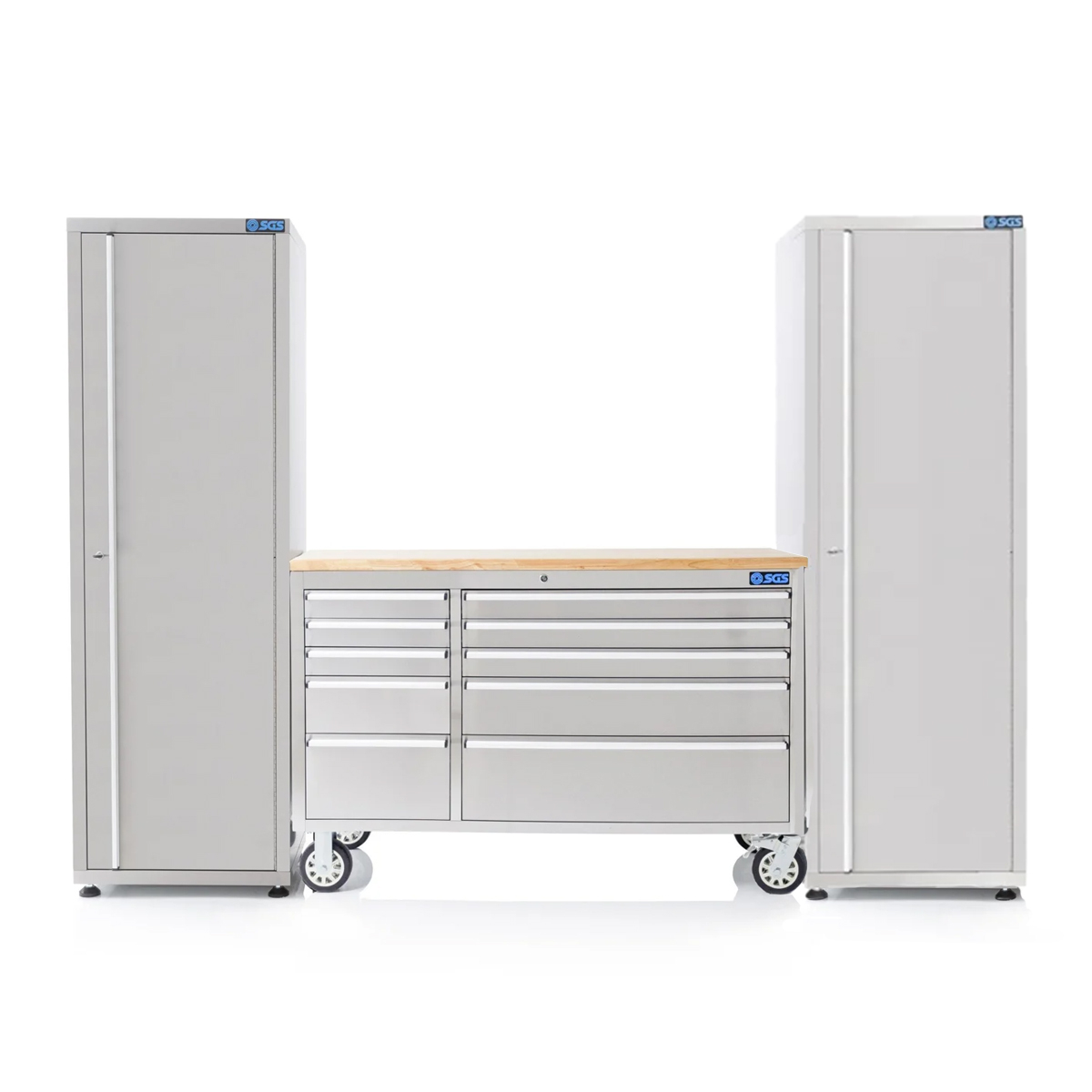 SGS 55in 10 Drawer Stainless Steel Roller Cabinet with Workbench and 2 x Side Cabinets Bundle