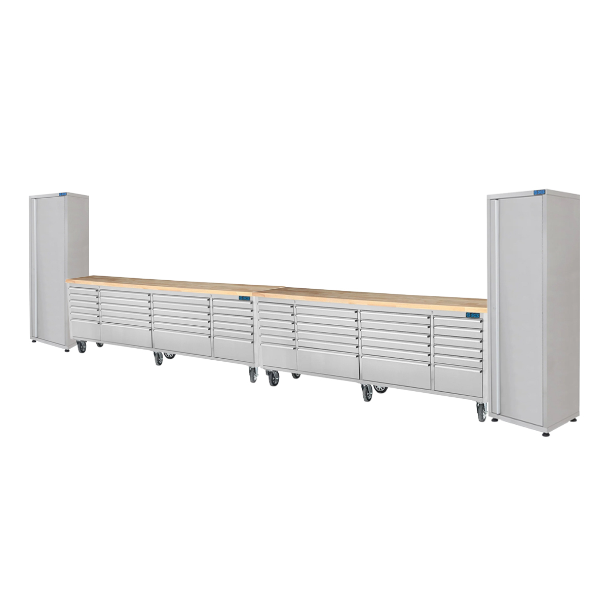 SGS 2x 96in 24 Drawer Stainless Steel Roller Cabinets with Workbench and 2x Side Cabinets Bundle