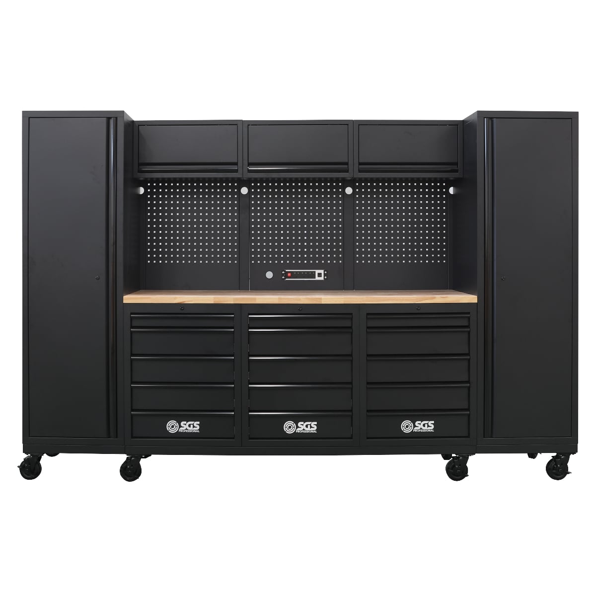 SGS Pro 9pc Heavy Duty Storage System with Wheels | Rubberwood Worktop | Pegboard | Powerstrip