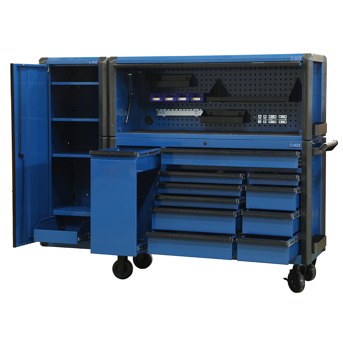 SGS 59in 11 Drawer Roller Cabinet with Top Hutch and Side Cabinet | Blue