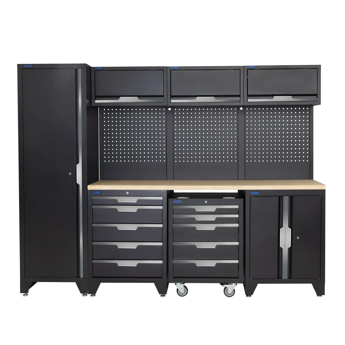 SGS 10pc Garage Storage System | 10 Drawers | Pressed Wood Worktop | Tall Single Cabinet | Floor Cabinet | Mobile Cabinet | 3x Upper Cabinets
