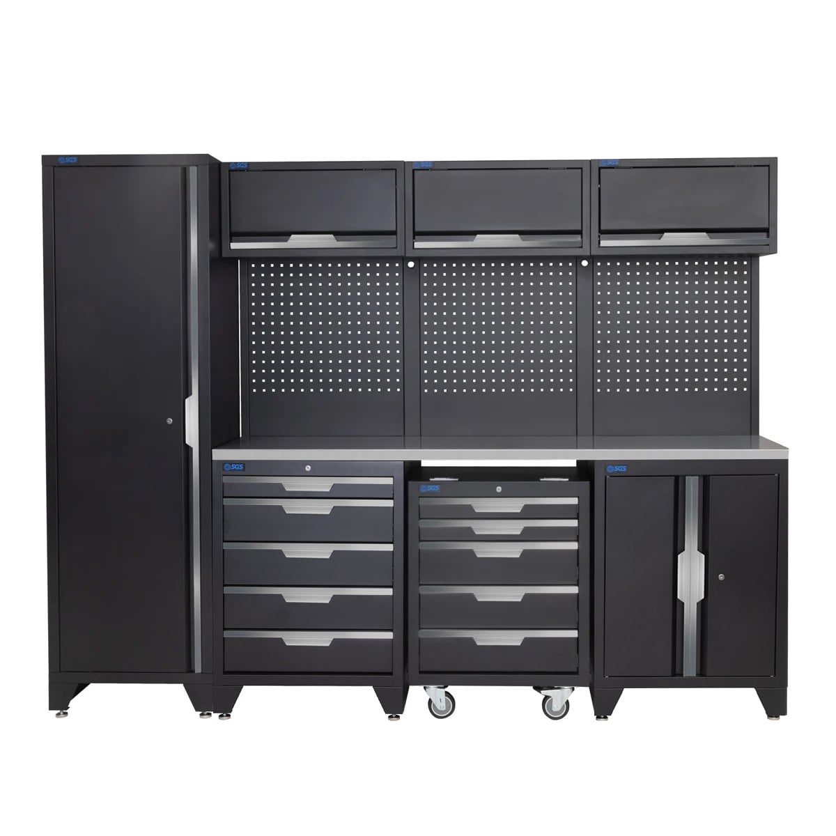 SGS 10pc Garage Storage System | 10 Drawers | Stainless Steel Worktop | Tall Single Cabinet | Floor Cabinet | Mobile Cabinet | 3x Upper Cabinets
