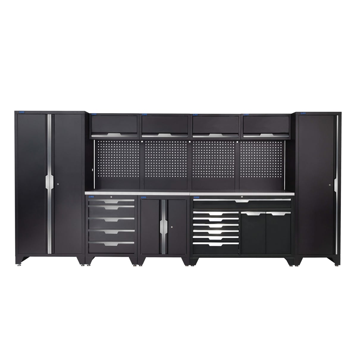 SGS 14pc Garage Storage System | 12 Drawers | Stainless Steel Worktop | Floor Cabinet | Tall Single & Double Cabinets