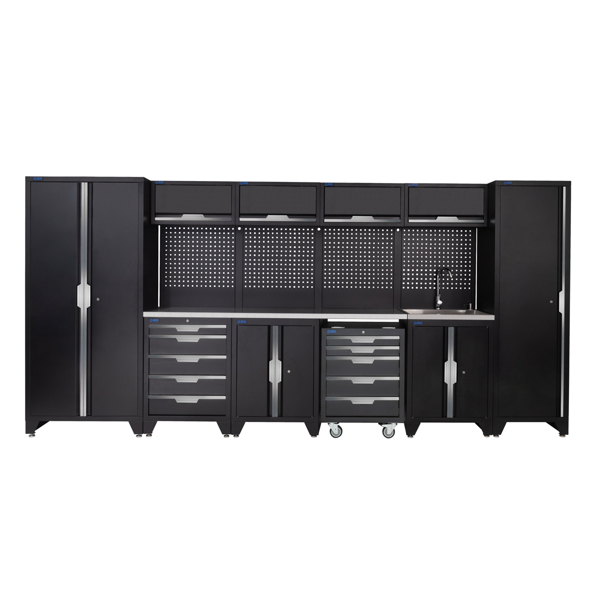 SGS 14pc Garage Storage System | 10 Drawers | Stainless Steel Worktop | Floor Cabinet | Tall Single & Double Cabinets | Sink Unit