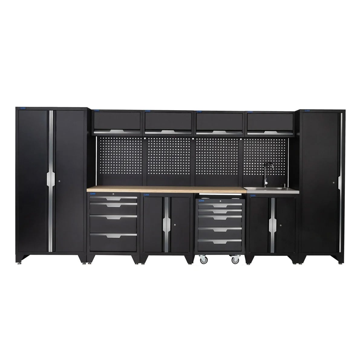 SGS 14pc Garage Storage System | 9 Drawers | Pressed Wood Worktop | Floor Cabinet | Tall Single & Double Cabinets | Sink Unit