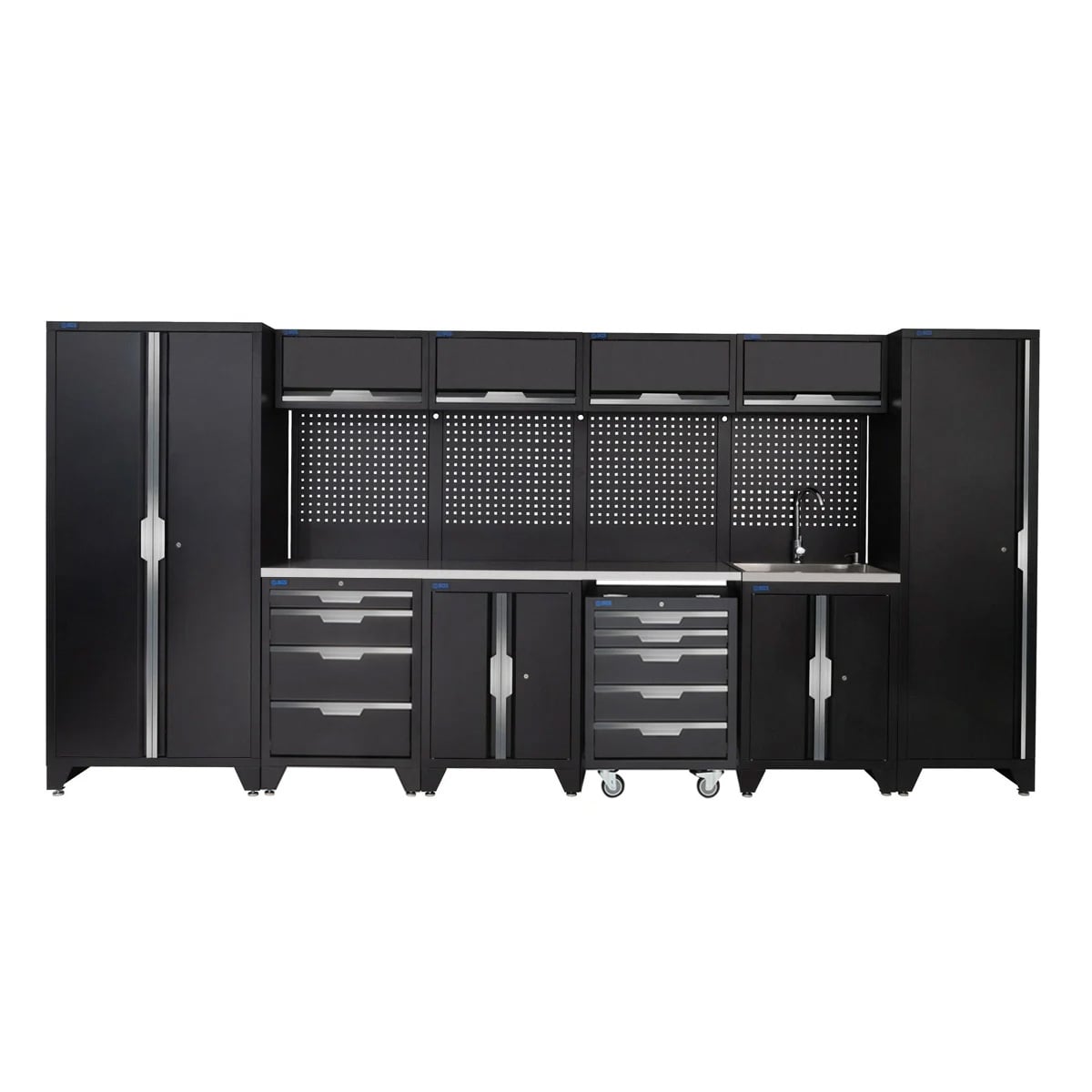 SGS 14pc Garage Storage System | 9 Drawers | Stainless Steel Worktop | Floor Cabinet | Tall Single & Double Cabinets | Sink Unit