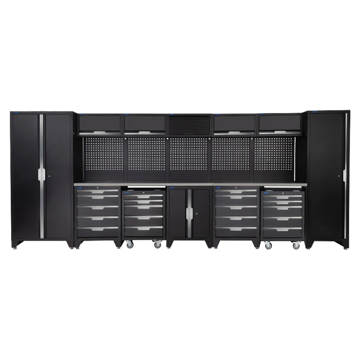 SGS 17pc Garage Storage System | 15 Drawers | Stainless Steel Worktop | Tall Single & Double Cabinets |2x Floor Cabinets | 5x Upper Cabinets