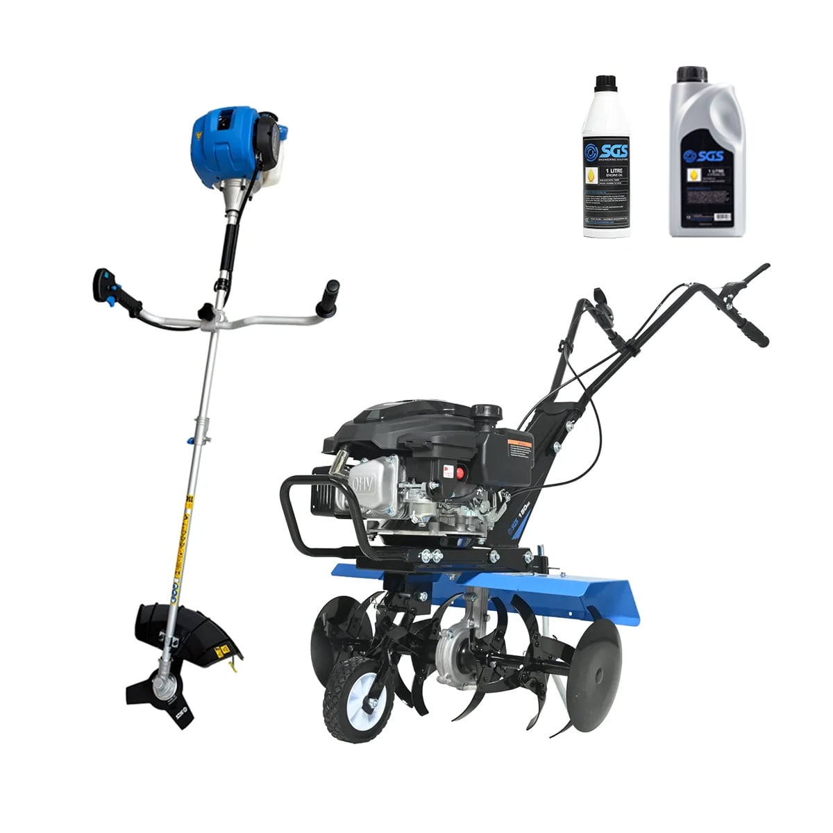 SGS Cultivator Bundle, Petrol Tiller, Brushcutter 2 Stroke Oil and Engine Oil