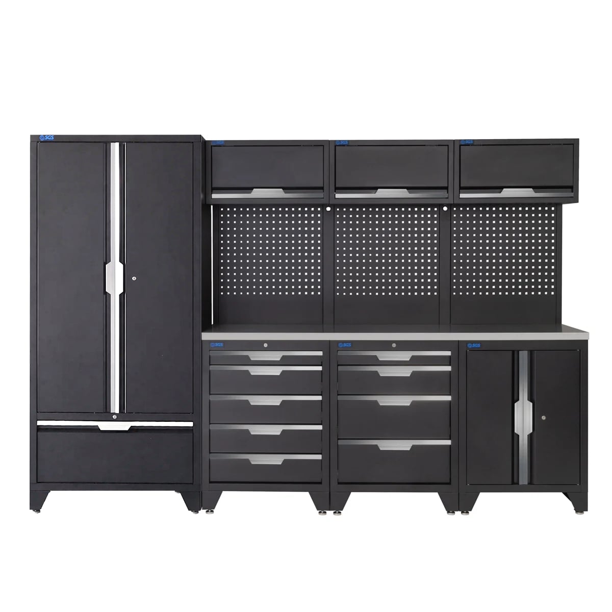 SGS 10pc Garage Storage System | 9 Drawers | Stainless Steel Worktop | Tall Double Cabinet with Drawer | Floor Cabinet | 3x Upper Cabinets